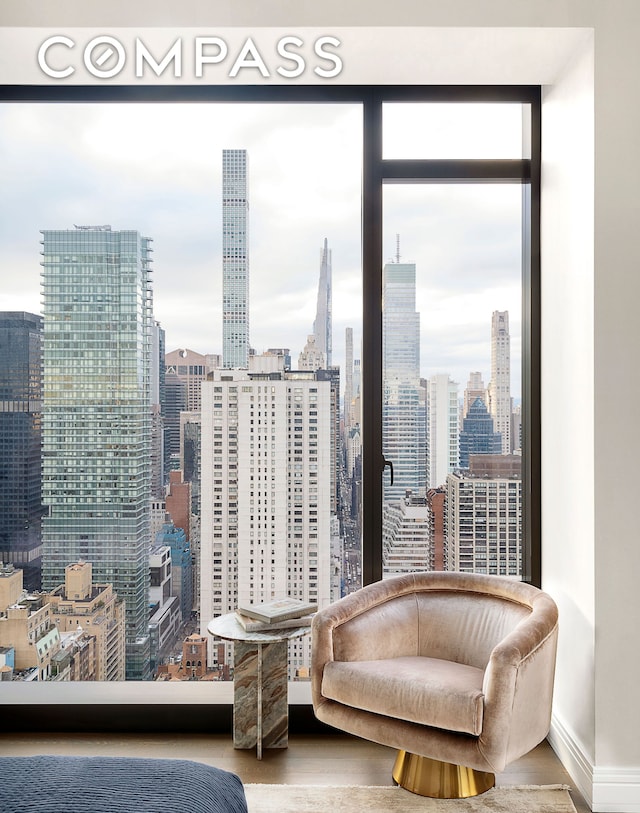 living area with a healthy amount of sunlight, baseboards, and a city view