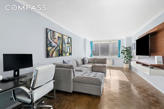 interior space featuring crown molding and dark parquet flooring