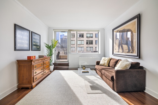 living area with dark wood-style floors, baseboards, and crown molding