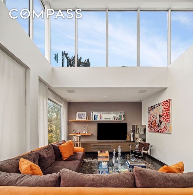 living area with a towering ceiling