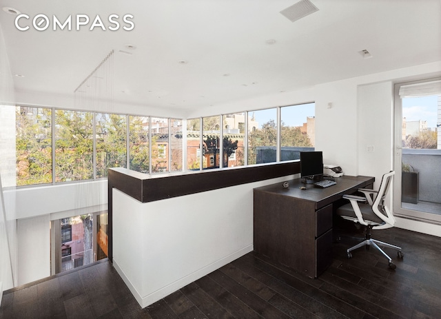 office with a wealth of natural light, visible vents, dark wood finished floors, and baseboards