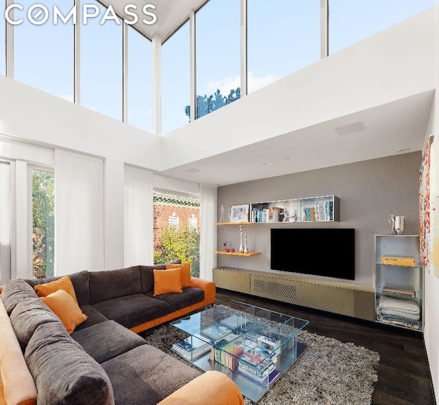 living room with a high ceiling and hardwood / wood-style floors