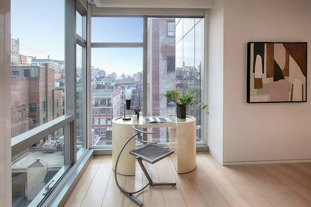 entryway featuring a view of city, light wood finished floors, expansive windows, and baseboards