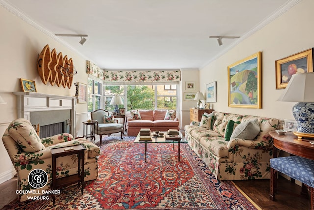 living room featuring track lighting, ornamental molding, and dark hardwood / wood-style flooring