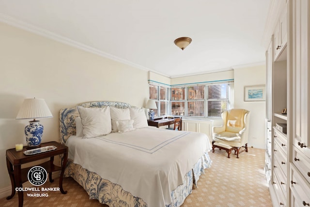 carpeted bedroom with ornamental molding