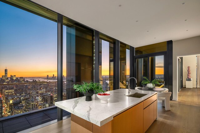 kitchen featuring sink, light stone counters, a center island with sink, a wall of windows, and light hardwood / wood-style floors