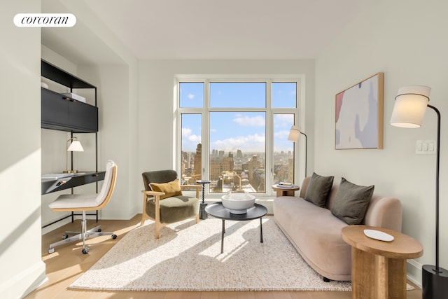 gym featuring coffered ceiling, a wealth of natural light, and light hardwood / wood-style flooring