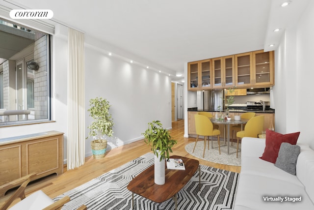 living room featuring baseboards, recessed lighting, visible vents, and light wood-style floors