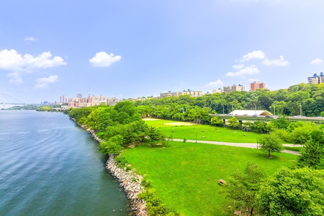 birds eye view of property with a water view and a city view