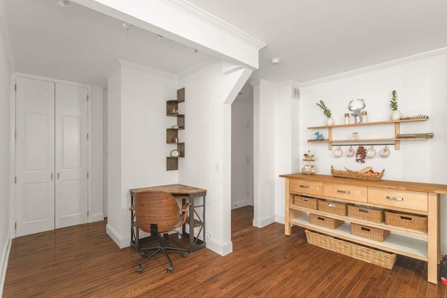 bar featuring crown molding and dark hardwood / wood-style floors