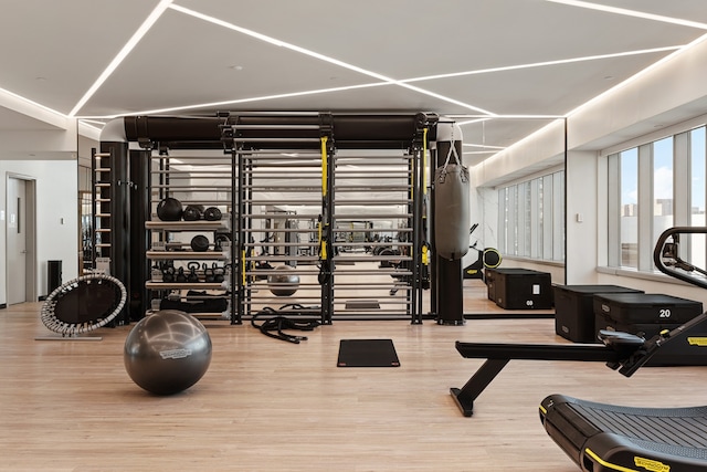 workout area with hardwood / wood-style flooring