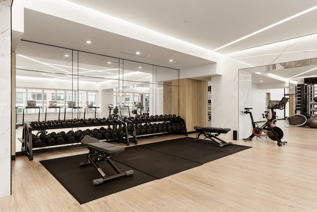 gym featuring hardwood / wood-style flooring