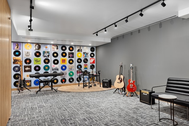 recreation room featuring carpet floors and track lighting