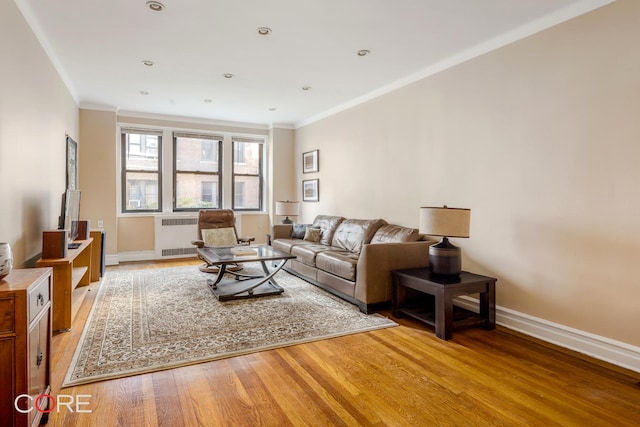 living room featuring radiator, baseboards, crown molding, and light wood-style flooring