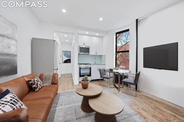 living room with light hardwood / wood-style floors and sink