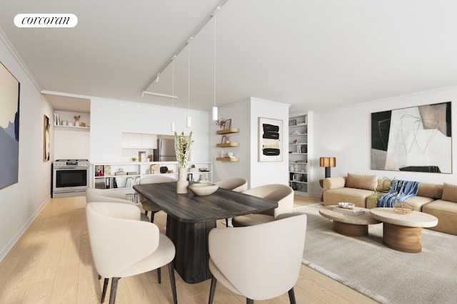 dining room featuring light hardwood / wood-style flooring and crown molding