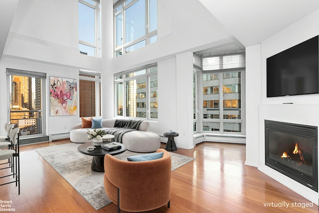 living area with wood finished floors, baseboard heating, and a glass covered fireplace