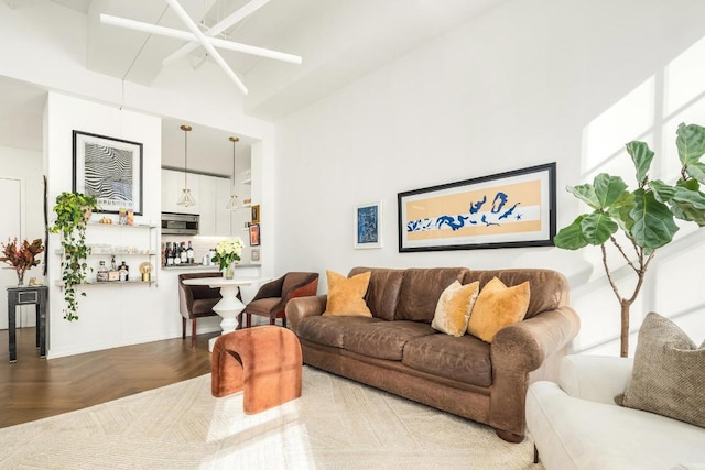 living room with parquet floors