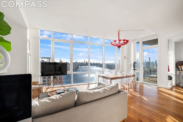 living room with expansive windows, a wealth of natural light, and hardwood / wood-style flooring