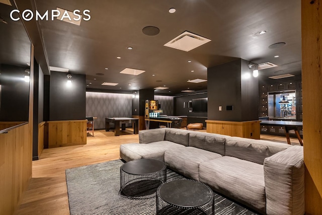 cinema room featuring pool table, visible vents, light wood-style flooring, and recessed lighting