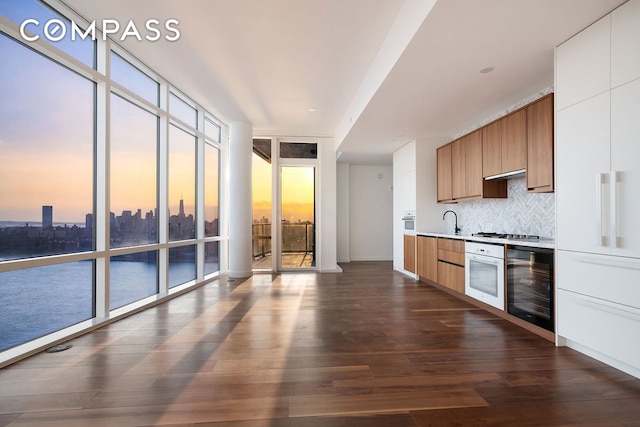 kitchen with oven, decorative backsplash, wine cooler, expansive windows, and modern cabinets