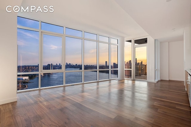 spare room with dark wood-type flooring, expansive windows, a city view, and a water view