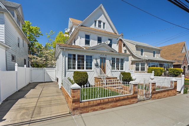 view of front of house with a fenced front yard, a gate, and a chimney