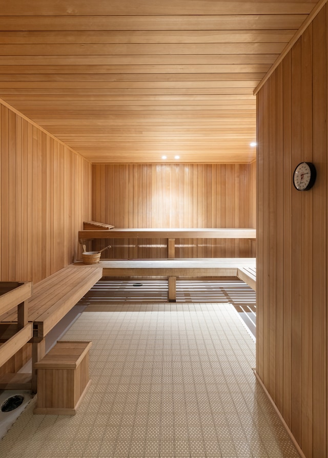 view of sauna featuring carpet floors