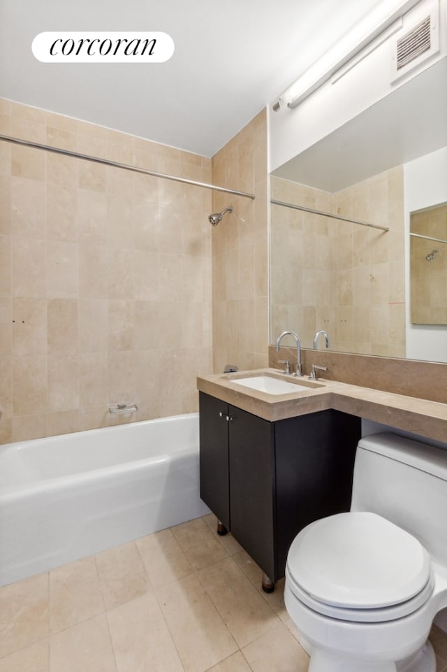 full bath with tile patterned flooring, vanity, bathtub / shower combination, toilet, and visible vents