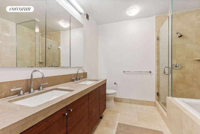 30 Little W St Unit 4A, New York City, NY 10004 - bathroom with a shower stall, double vanity, tile patterned flooring, and tiled bath