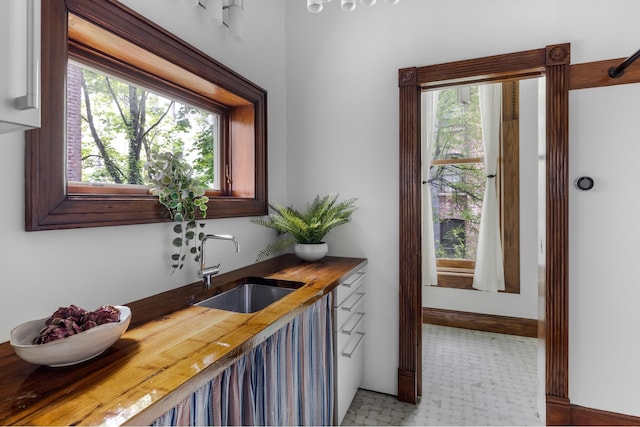 interior space with butcher block countertops and a sink