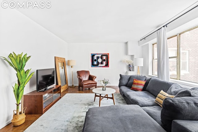 living room featuring wood-type flooring and a healthy amount of sunlight