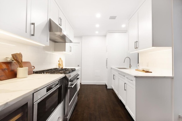 kitchen with appliances with stainless steel finishes, white cabinetry, light stone counters, and sink