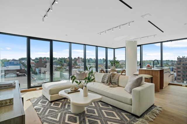 179 20th St Unit 8B, New York City, NY 11232 - living area with expansive windows, light wood-style floors, a view of city, and a healthy amount of sunlight