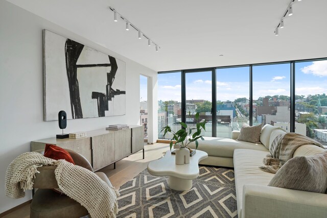 179 20th St Unit 8B, New York City, NY 11232 - living room featuring a city view, a wall of windows, wood finished floors, and track lighting