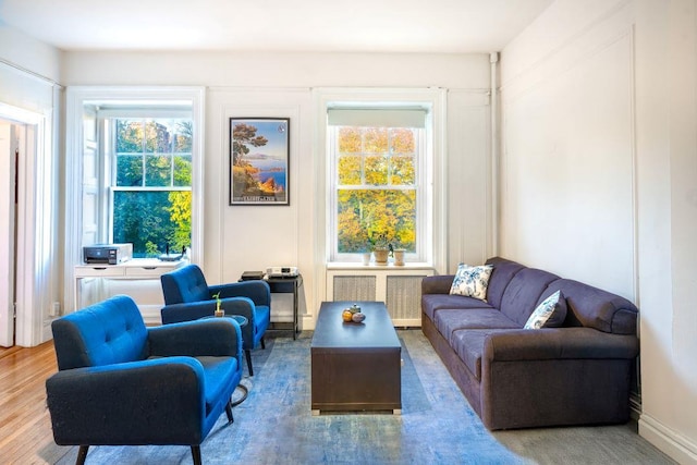 living area featuring radiator heating unit and hardwood / wood-style floors