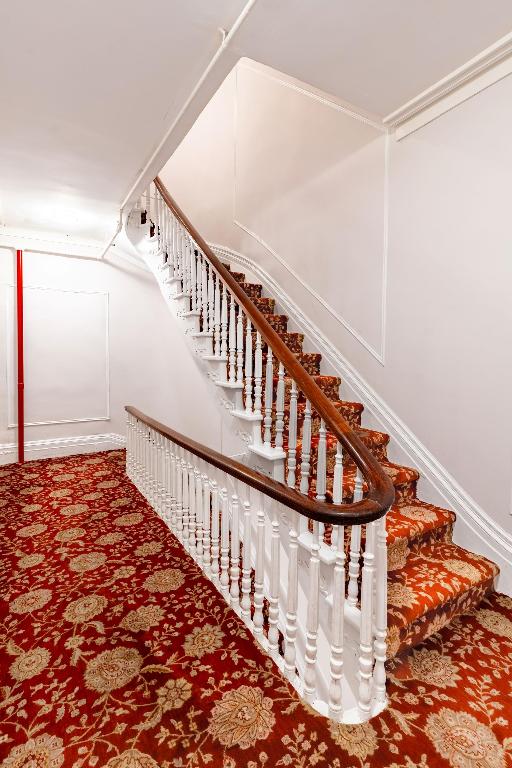 staircase featuring carpet