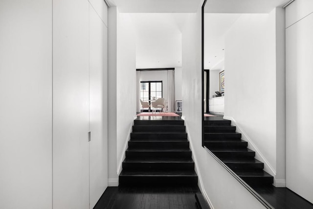 stairway with hardwood / wood-style floors