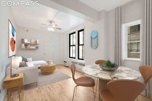 living room with light hardwood / wood-style floors, radiator, and ceiling fan