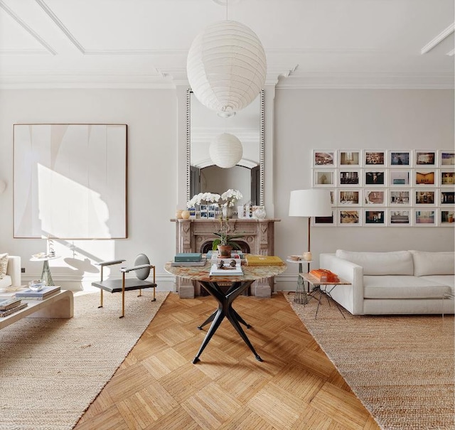 living room with crown molding and parquet flooring