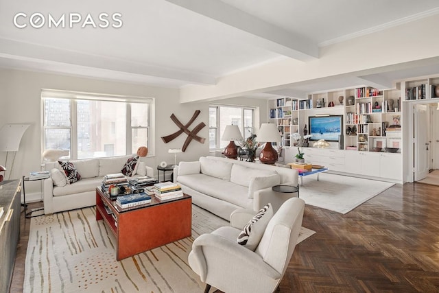 living room featuring ornamental molding, beam ceiling, dark parquet floors, and a wealth of natural light