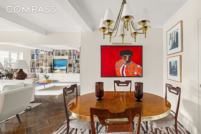 dining space with a chandelier, beam ceiling, and ornamental molding