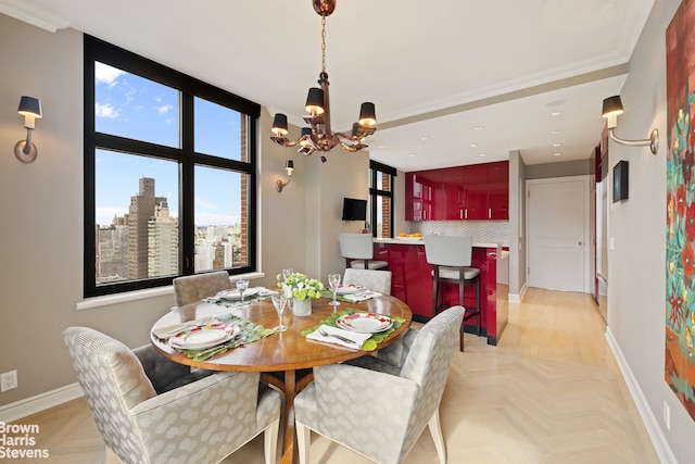 dining area with an inviting chandelier and light parquet floors