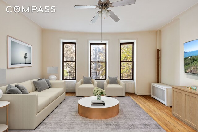 living room with radiator, ceiling fan, and light hardwood / wood-style flooring