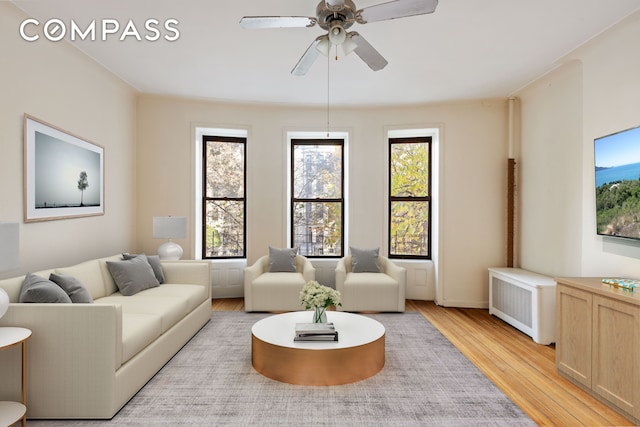 living room with light wood-type flooring, a ceiling fan, and radiator heating unit