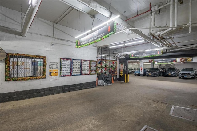 parking garage with concrete block wall