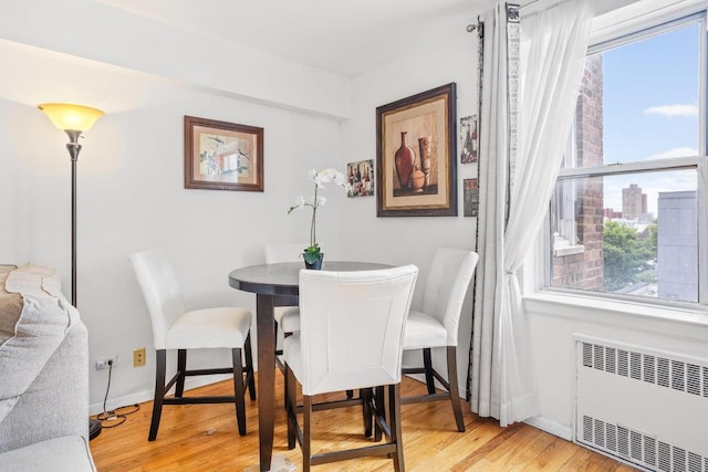 dining space featuring baseboards, a view of city, wood finished floors, and radiator