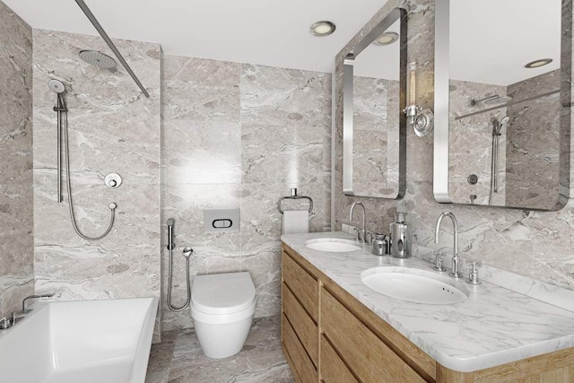 bathroom featuring vanity, tile walls, and toilet