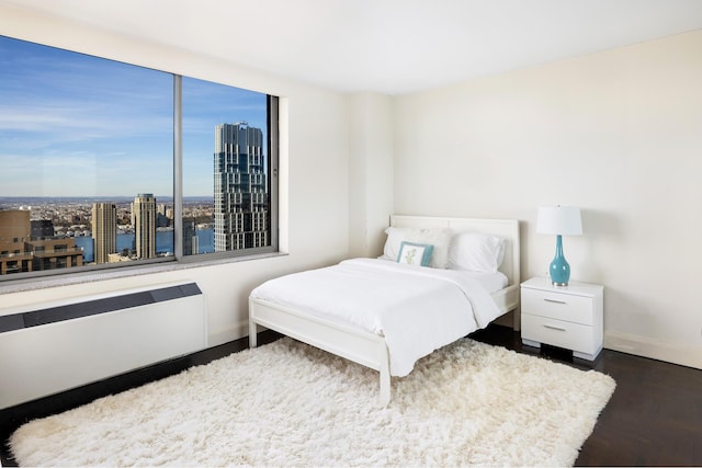 bedroom featuring radiator heating unit, a view of city, baseboards, and wood finished floors