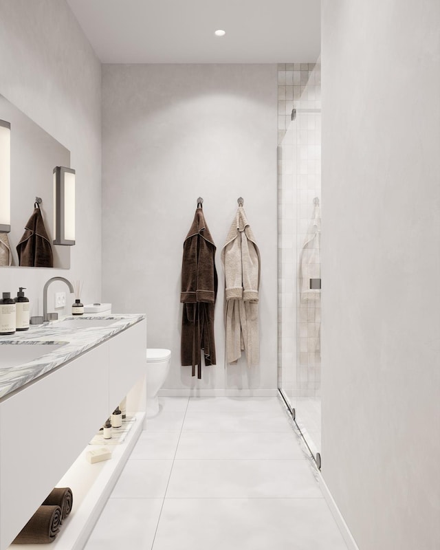 bathroom featuring toilet, recessed lighting, a shower stall, tile patterned flooring, and vanity